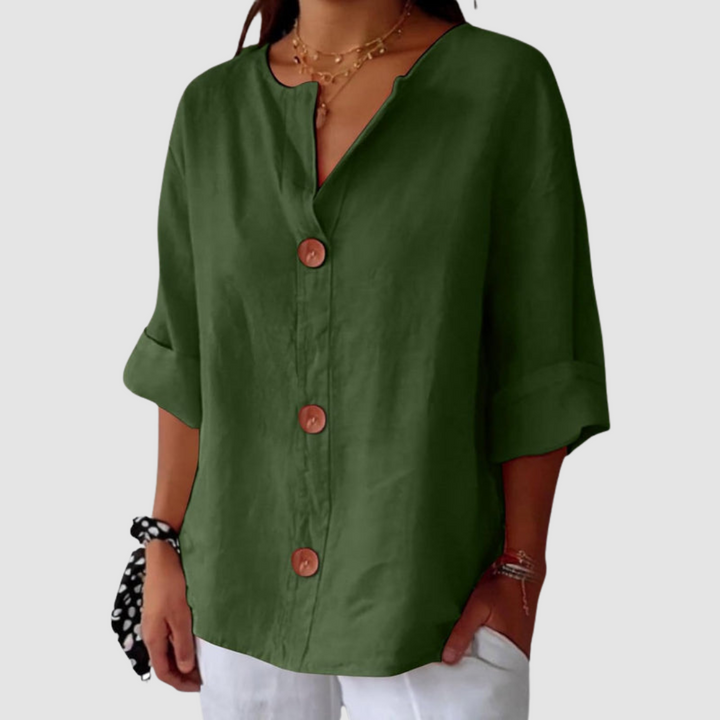 Casual linen blouse in green with V-neck, button front, and short sleeves