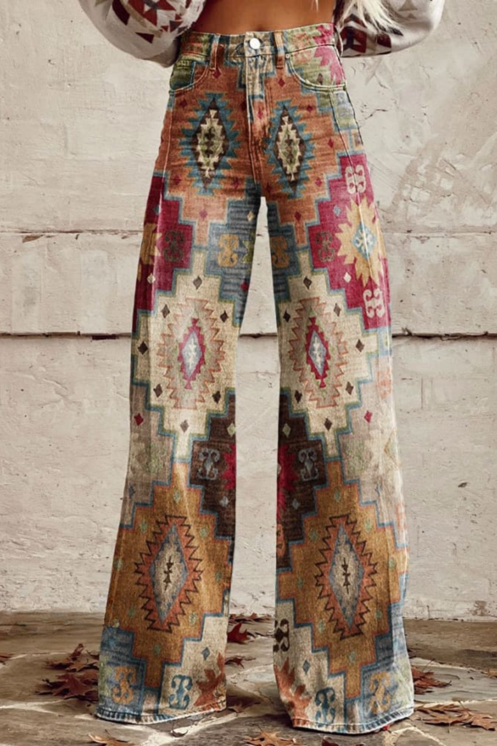 Boho vintage jeans in multicolor geometric patchwork pattern, wide-leg fit