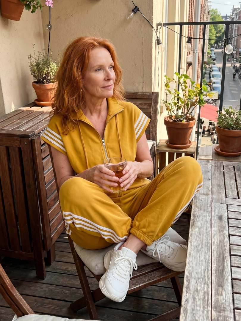 Mustard yellow zip-front jumpsuit with white striped sleeves and side stripe panels