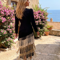 Black long-sleeve V-neck midi fringe wrap dress with multicolor tiered tassels