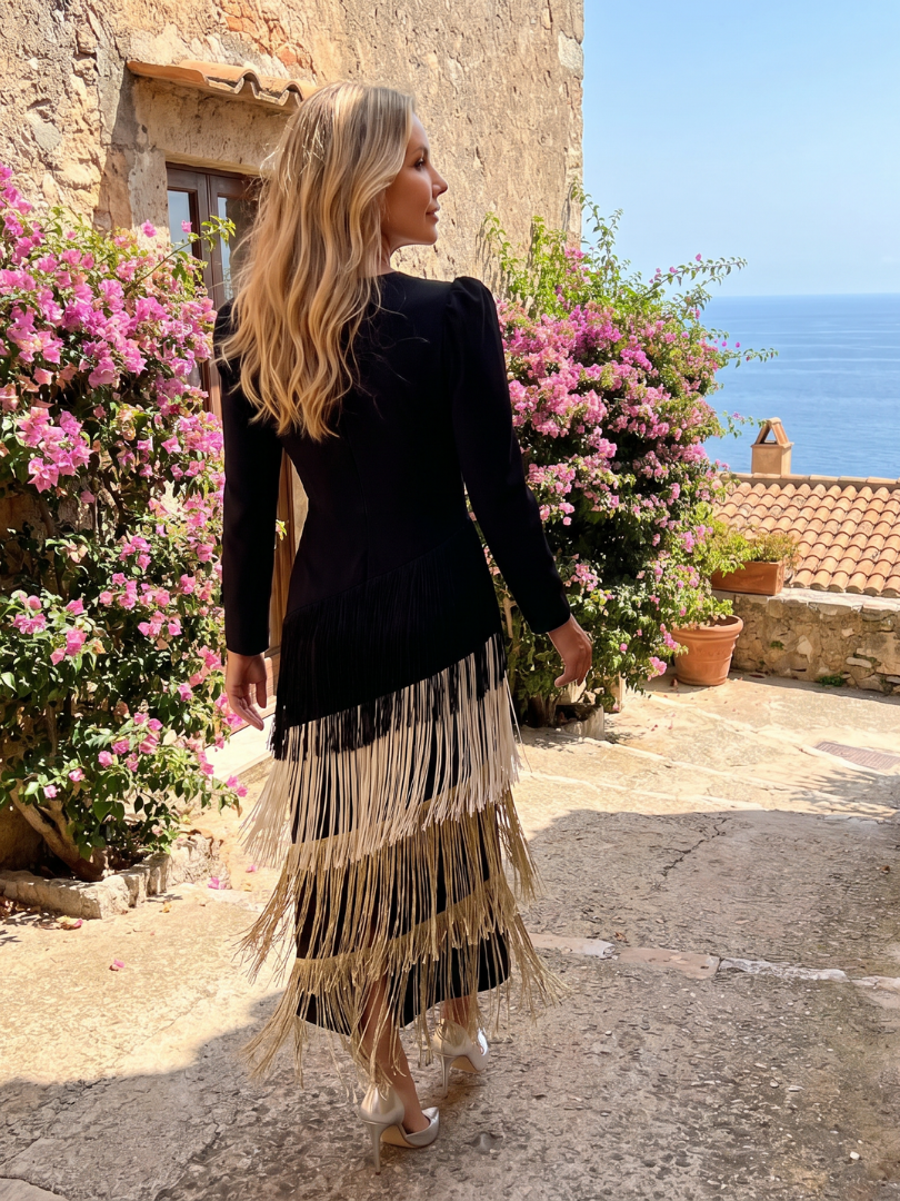 Black long-sleeve V-neck midi fringe wrap dress with multicolor tiered tassels