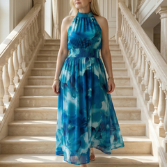 Blue tie-dye gathered halter midi dress with ruched waist and flowing skirt.