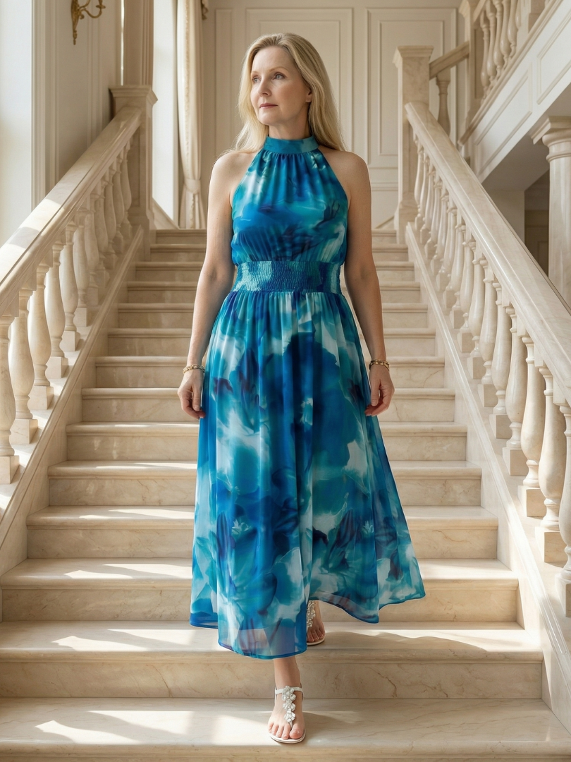 Blue tie-dye gathered halter midi dress with ruched waist and flowing skirt.
