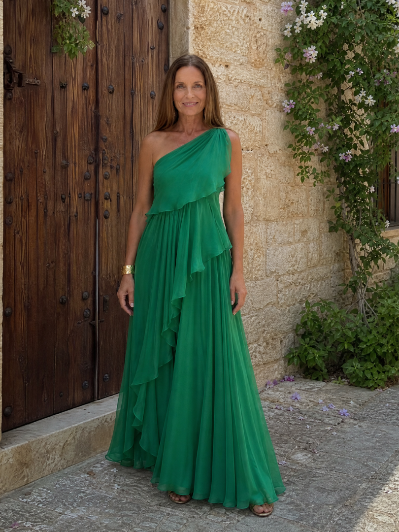 Green one-shoulder maxi dress with layered ruffles and full-length chiffon skirt