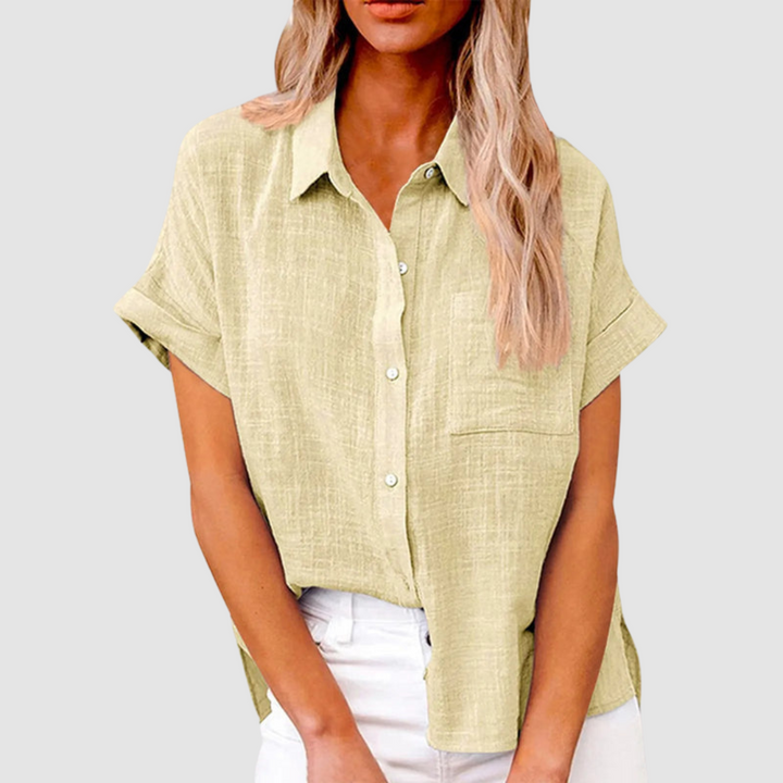 Beige button-up short-sleeve blouse with collar and chest pocket