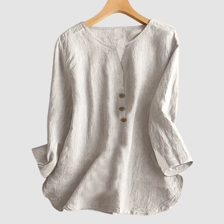 White cotton-linen blouse, V-neck and vertical button placket, 3/4 sleeves