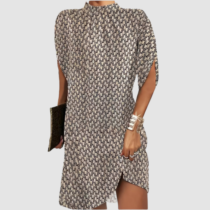 Beige patterned short sleeve dress with high gathered neckline and side slit hem