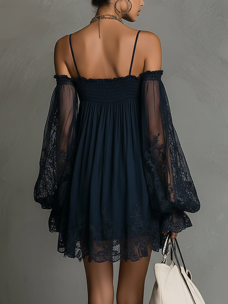 Dark navy off-shoulder mini dress with open back straps and lace bell sleeves