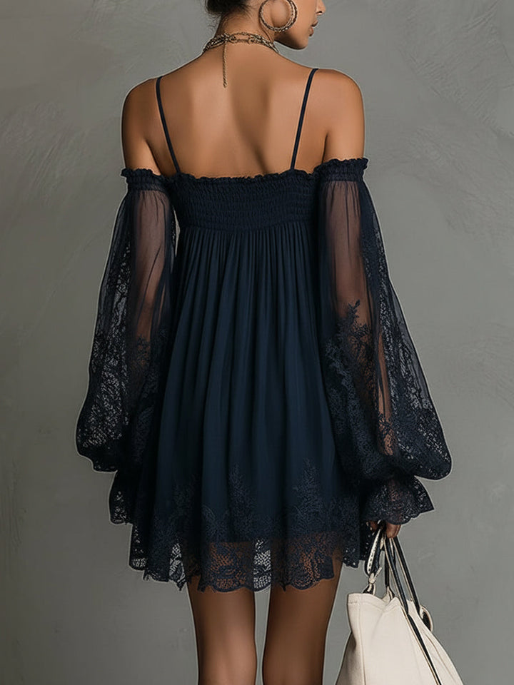 Dark navy off-shoulder mini dress with open back straps and lace bell sleeves