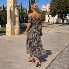Off-shoulder maxi dress with multicolor floral print and ruched bardot neckline