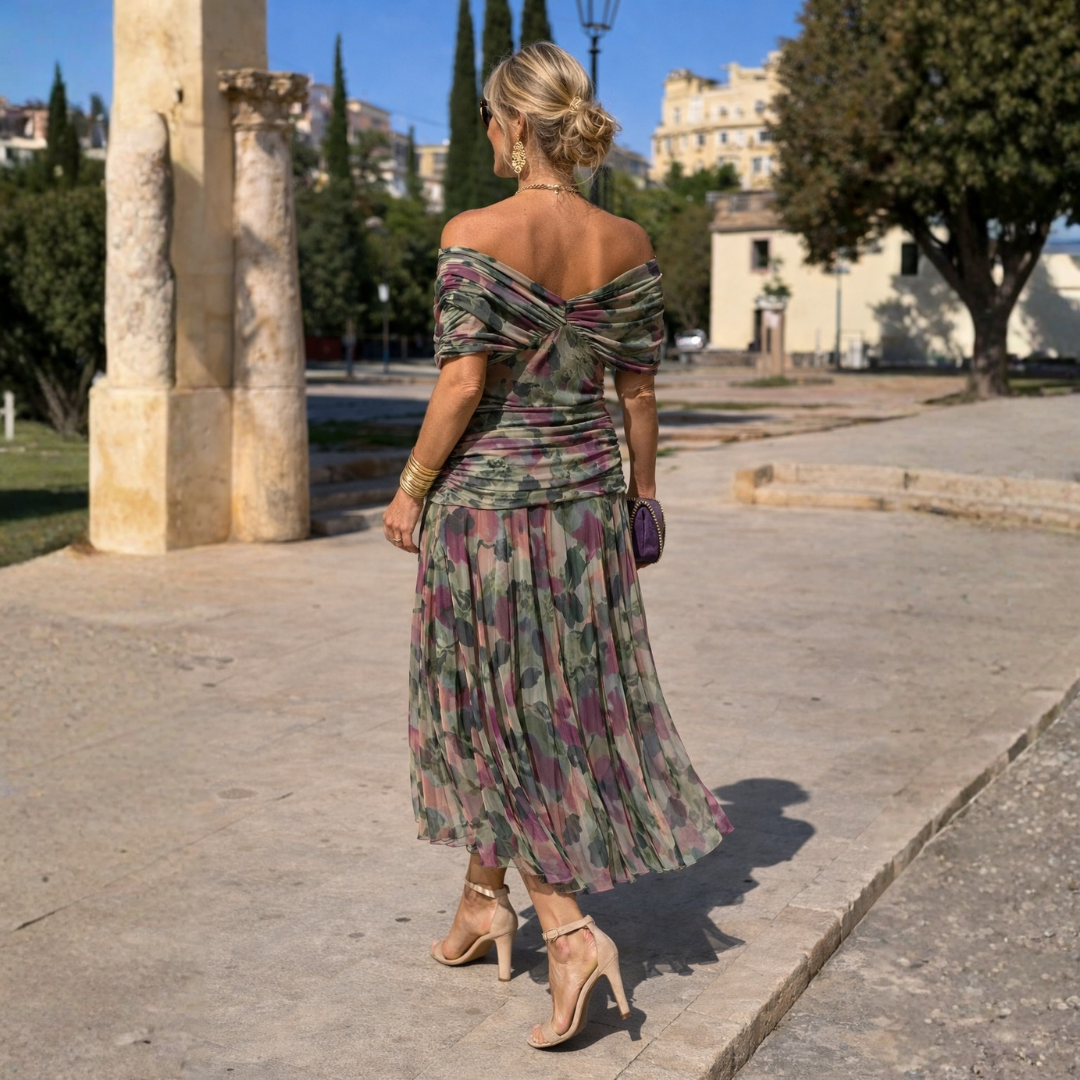 Off-shoulder maxi dress with multicolor floral print and ruched bardot neckline