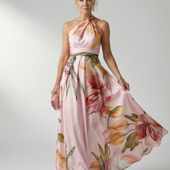 Light floral maxi dress with halter neck; cream base with pink flowers and green leaves