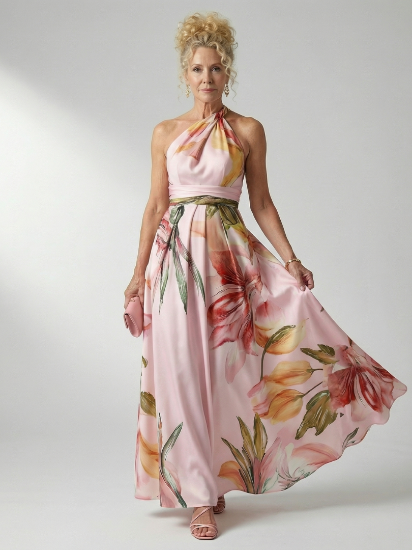 Light floral maxi dress with halter neck; cream base with pink flowers and green leaves