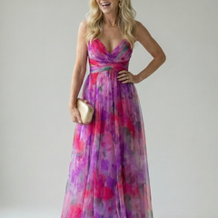Soft wrap maxi dress with magenta and purple watercolor print, sleeveless V-neck