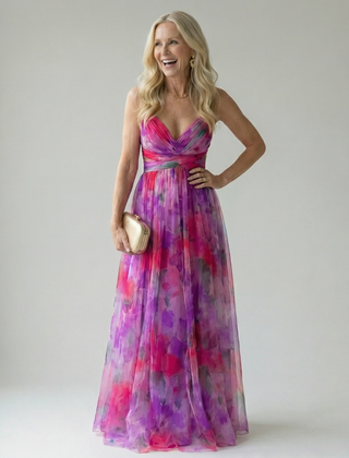 Soft wrap maxi dress with magenta and purple watercolor print, sleeveless V-neck