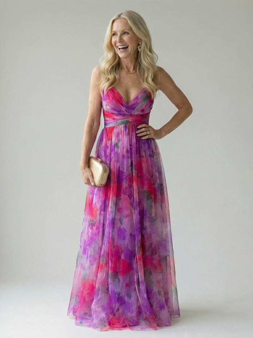 Soft wrap maxi dress with magenta and purple watercolor print, sleeveless V-neck