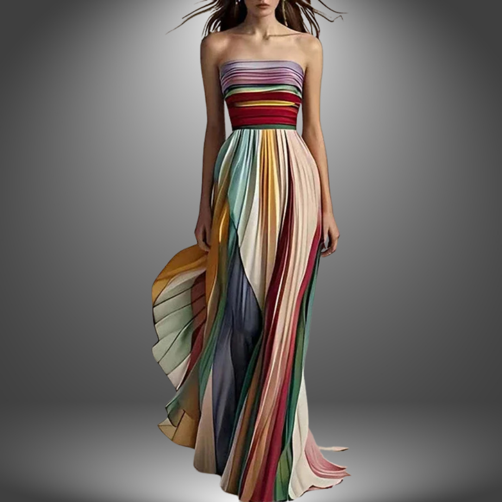 Multicolor striped maxi dress, strapless bandeau bodice and tiered flowing skirt