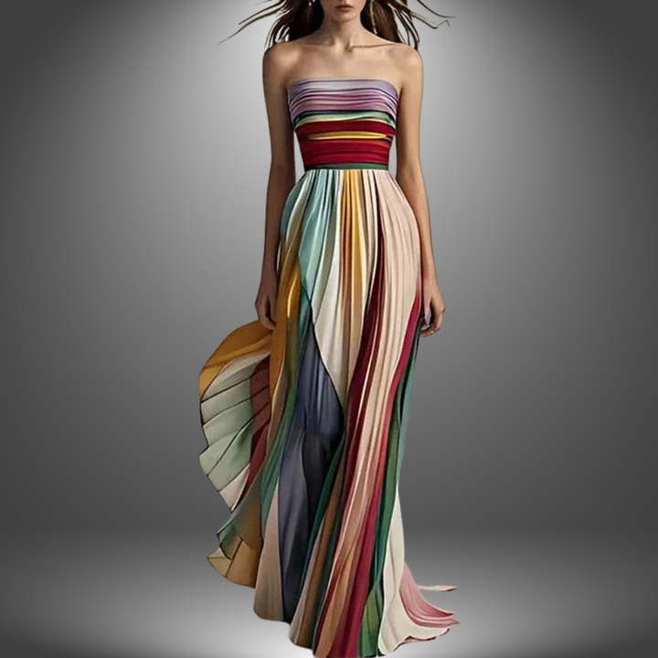 Multicolor striped maxi dress, strapless bandeau bodice and tiered flowing skirt