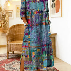 Teal and purple multicolor patchwork ethnic dress with 3/4 sleeves and round neckline, slit