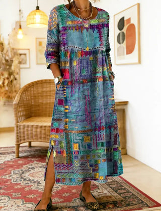 Teal and purple multicolor patchwork ethnic dress with 3/4 sleeves and round neckline, slit