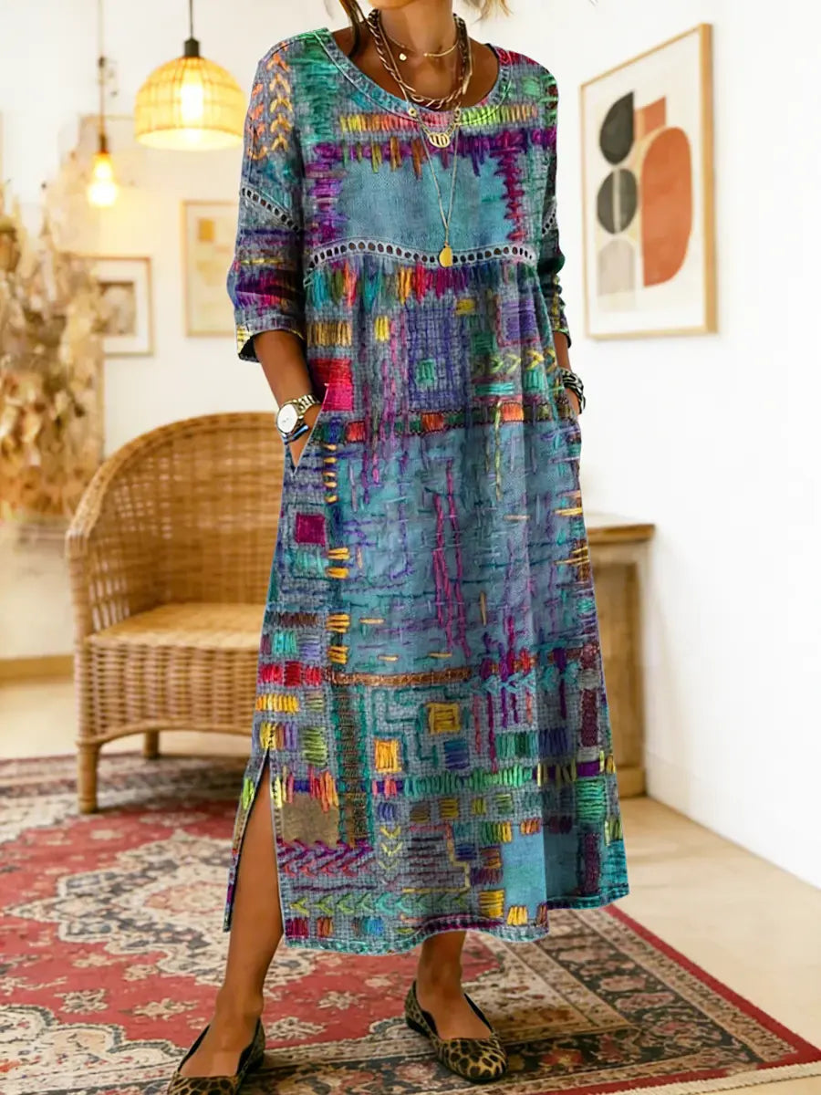 Teal and purple multicolor patchwork ethnic dress with 3/4 sleeves and round neckline, slit