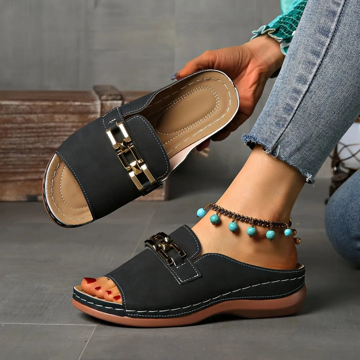 Black comfort sandals, open toe, gold buckle detail, ankle strap, cushioned sole