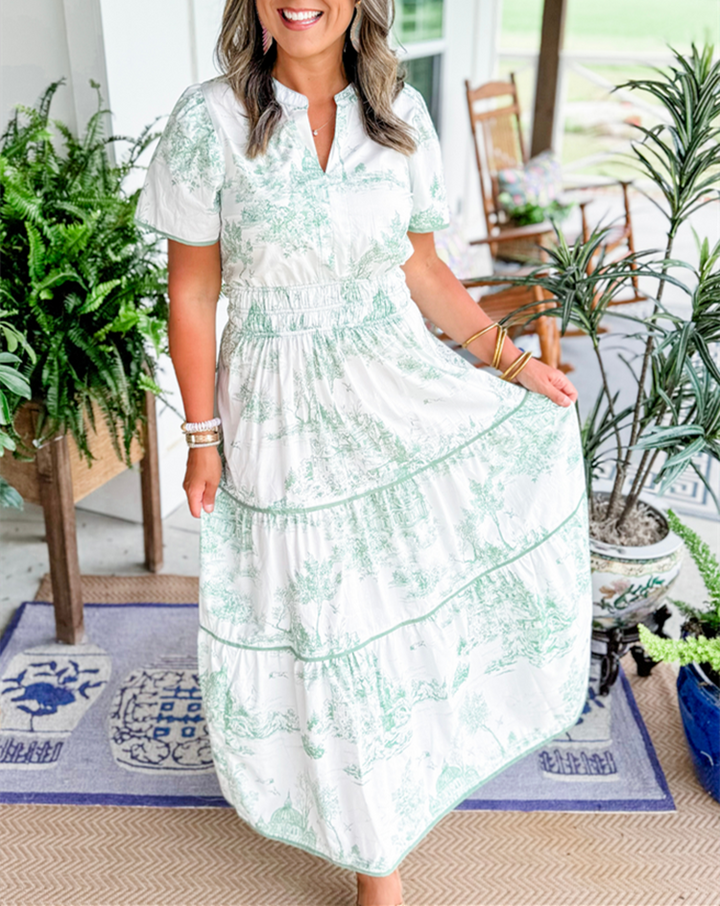 Tiered maxi dress with V-neck and short sleeves, white with light green toile print