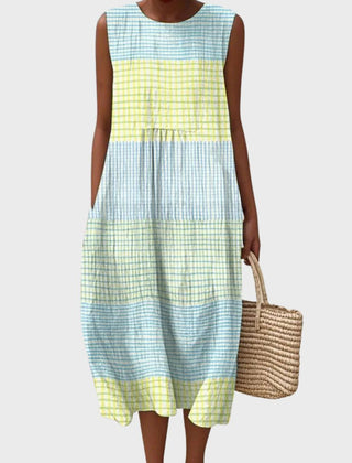 Sleeveless checked midi dress with blue, yellow, and white color blocks