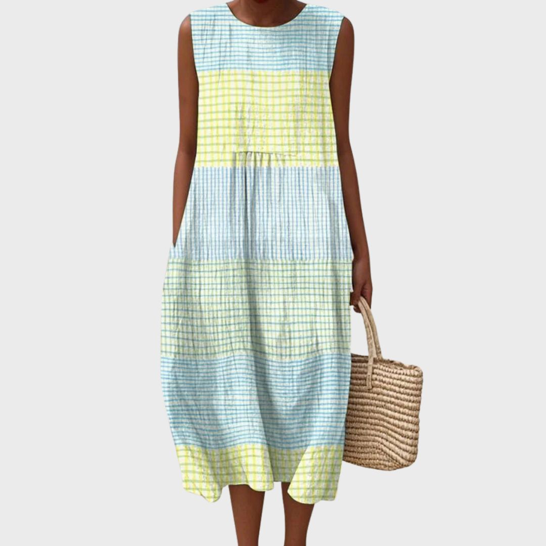 Sleeveless checked midi dress with blue, yellow, and white color blocks