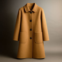 Elio wool coat in camel with notched collar, button front, and two patch pockets.