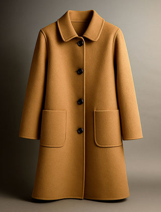 Elio wool coat in camel with notched collar, button front, and two patch pockets.
