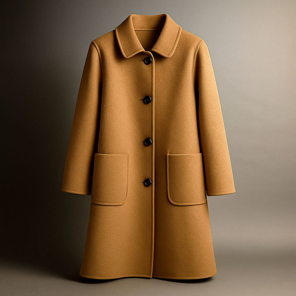 Elio wool coat in camel with notched collar, button front, and two patch pockets.