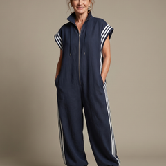Lark effortless stripe jumpsuit, navy blue with zip front and white side stripes