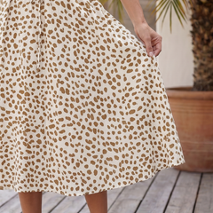 Belted printed midi dress skirt, off-white with tan spot pattern, gathered hem