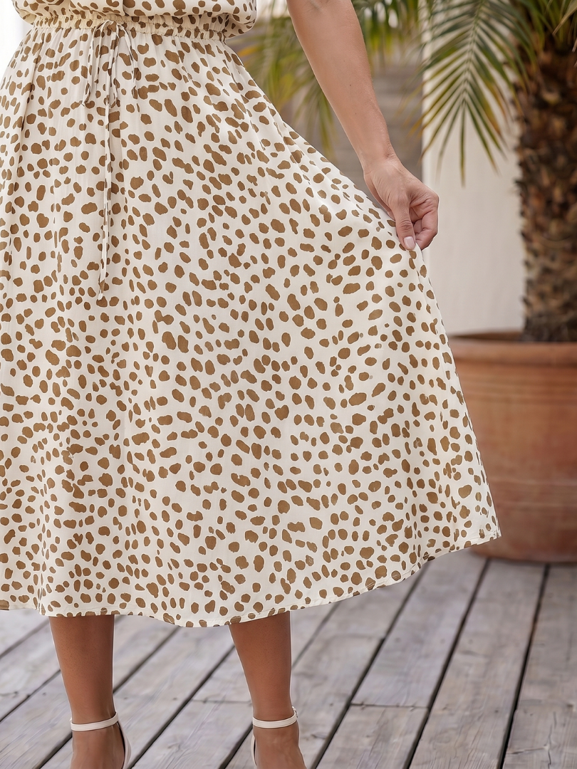 Belted printed midi dress skirt, off-white with tan spot pattern, gathered hem