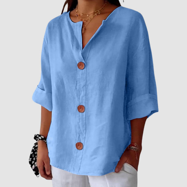 Blue linen blouse, V-neck button front, elbow-length sleeves