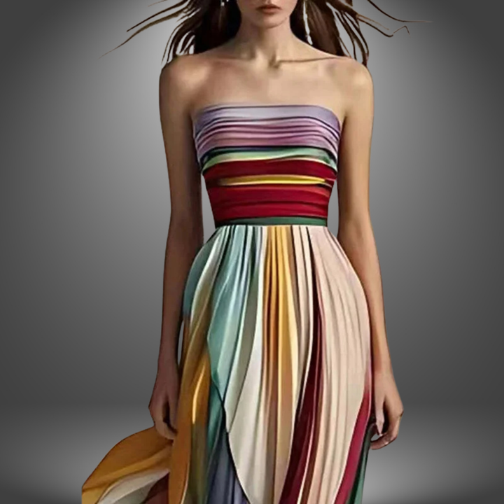 Multicolor striped strapless long dress with gathered waist and flowing maxi skirt