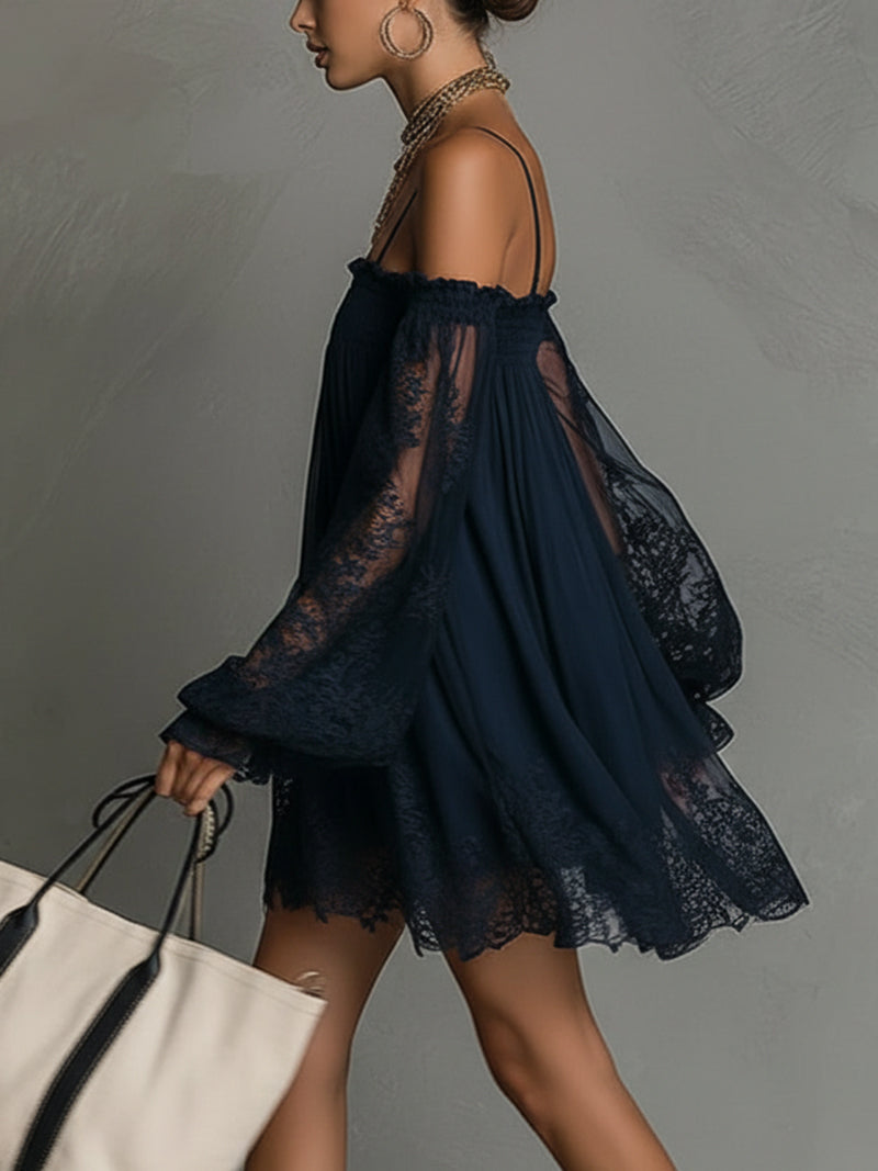 Dark navy off-shoulder lace-sleeve mini dress with ruffled hem and smocked top
