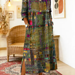 Multicolor patchwork ethnic dress with 3/4 sleeves and round neckline, side slit detail