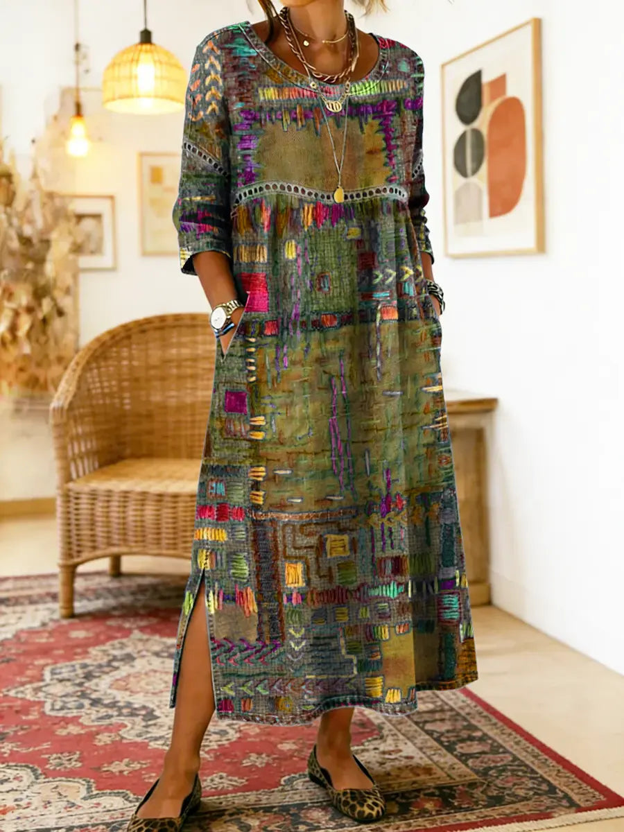Multicolor patchwork ethnic dress with 3/4 sleeves and round neckline, side slit detail
