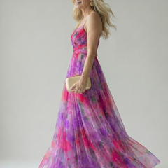 Soft wrap maxi dress in purple and pink watercolor print, sleeveless, side/back view