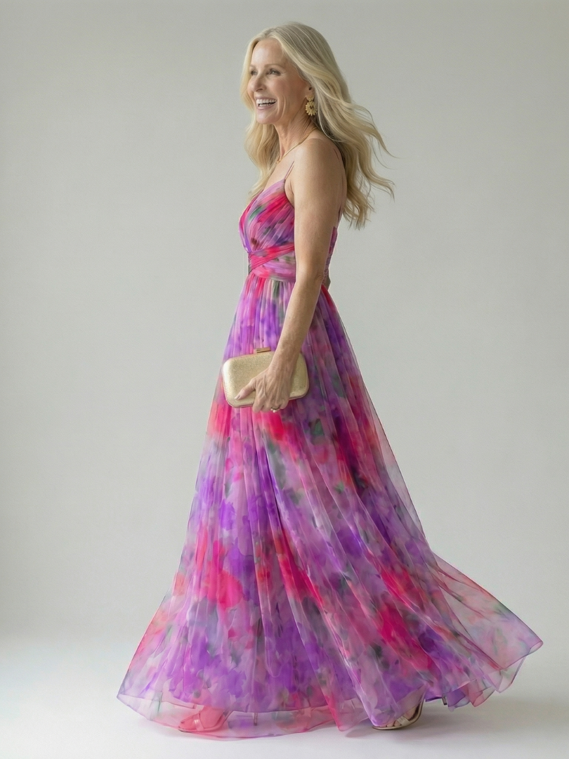 Soft wrap maxi dress in purple and pink watercolor print, sleeveless, side/back view