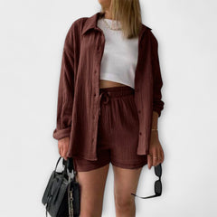 Burgundy-brown button-front top with drawstring shorts, matching two-piece set