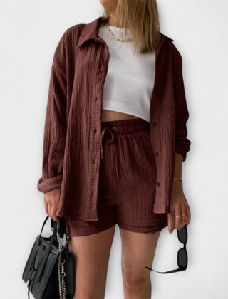 Burgundy-brown button-front top with drawstring shorts, matching two-piece set