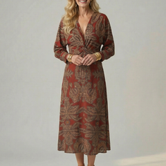 Natural wrap midi dress in rust red leaf print, long sleeves, V-neck