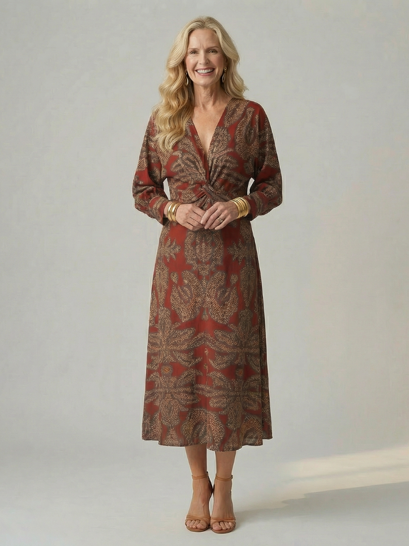 Natural wrap midi dress in rust red leaf print, long sleeves, V-neck
