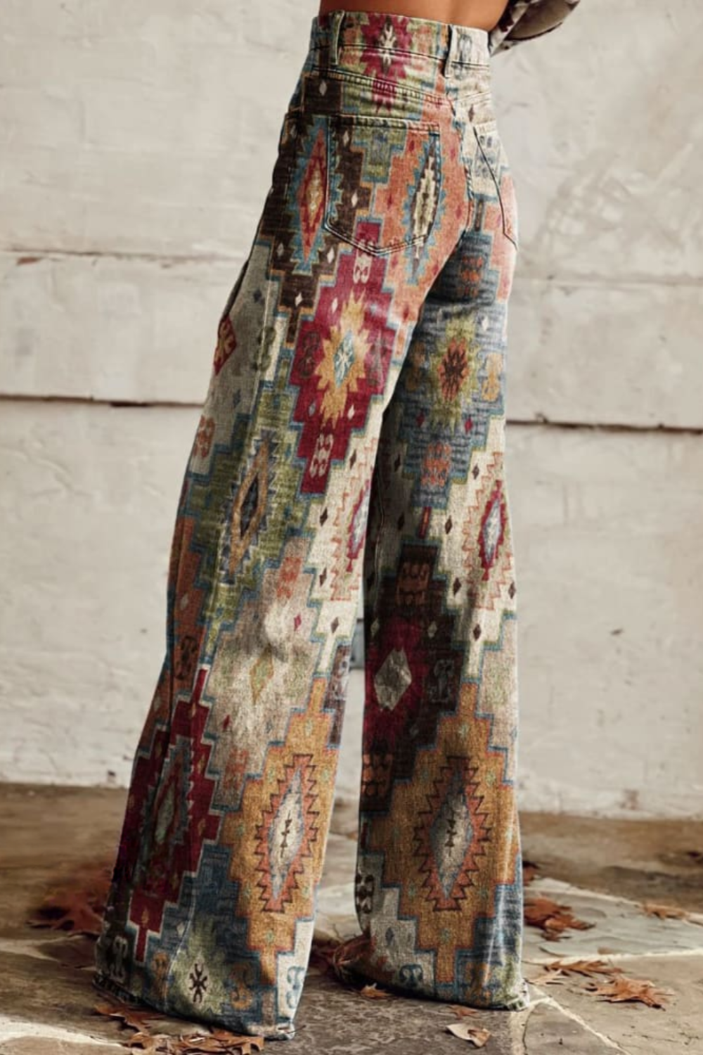 Boho vintage jeans with multicolor geometric patchwork, high waist and wide leg