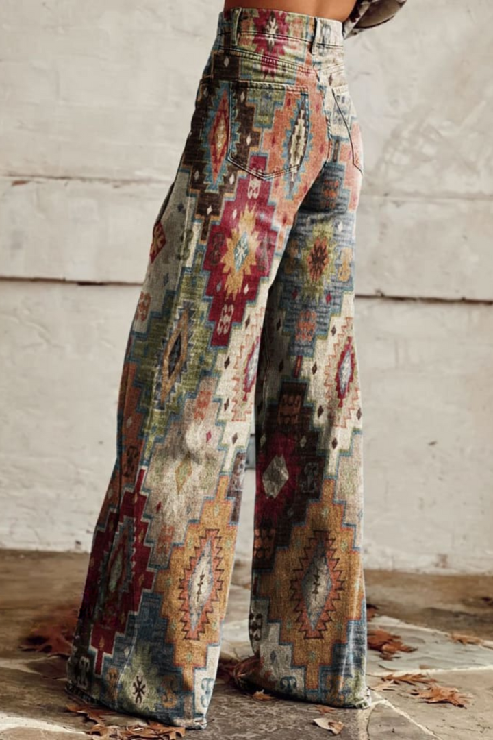 Boho vintage jeans with multicolor geometric patchwork, high waist and wide leg