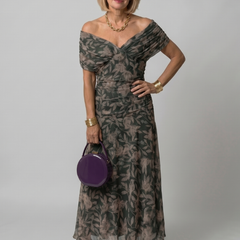 Dark green floral off-shoulder flow midi dress with draped neckline and tiered skirt