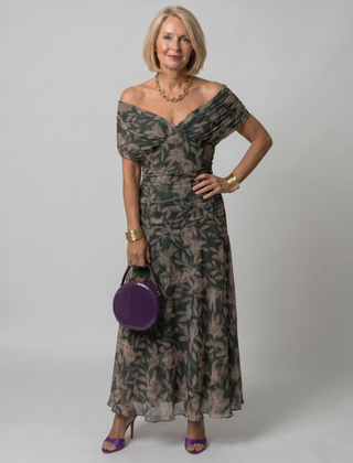 Dark green floral off-shoulder flow midi dress with draped neckline and tiered skirt